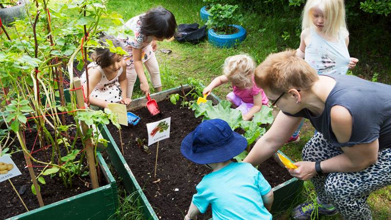 Barn planterar grönsaker.